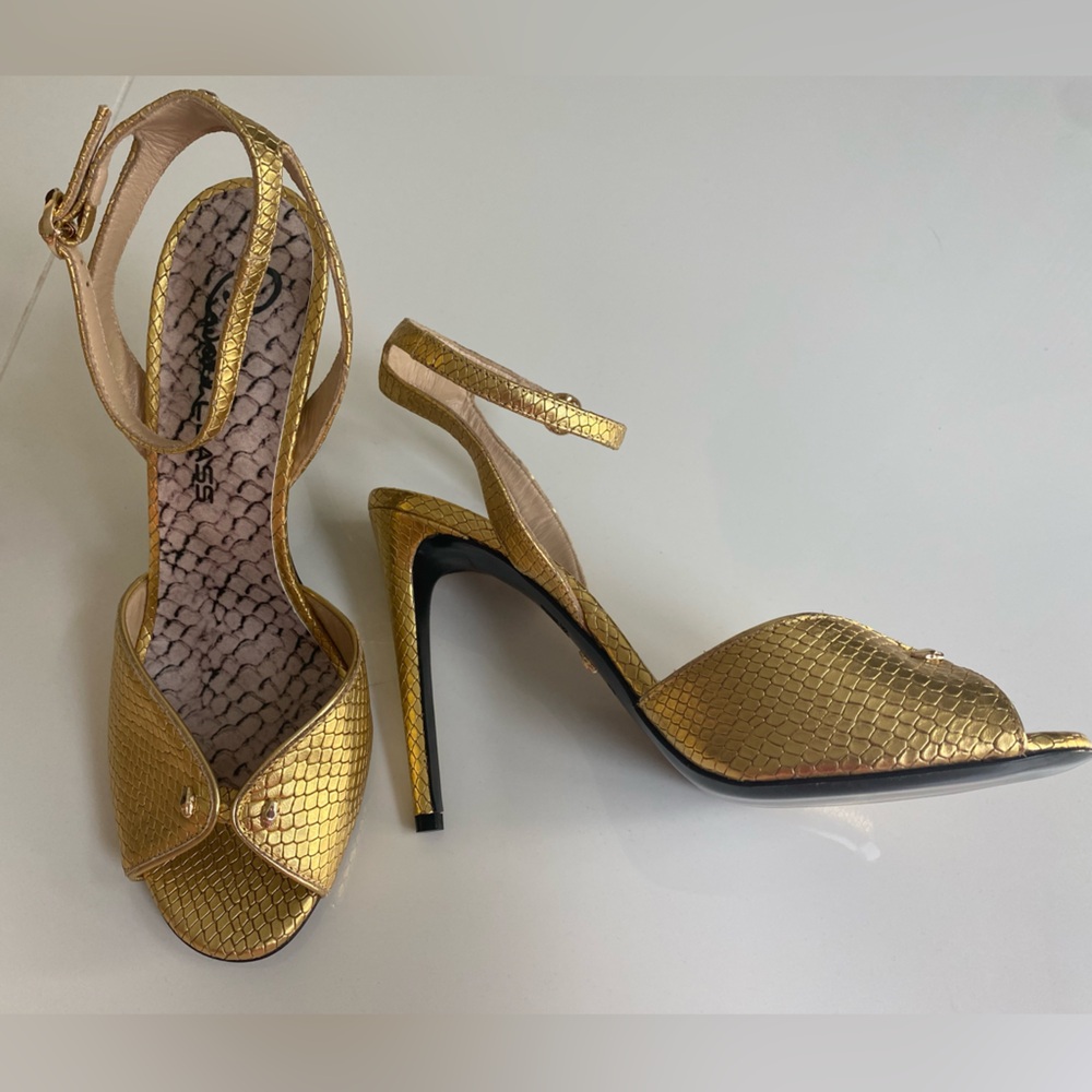 Cavalli Class Gold High Heel Sandals with Ankle Strap